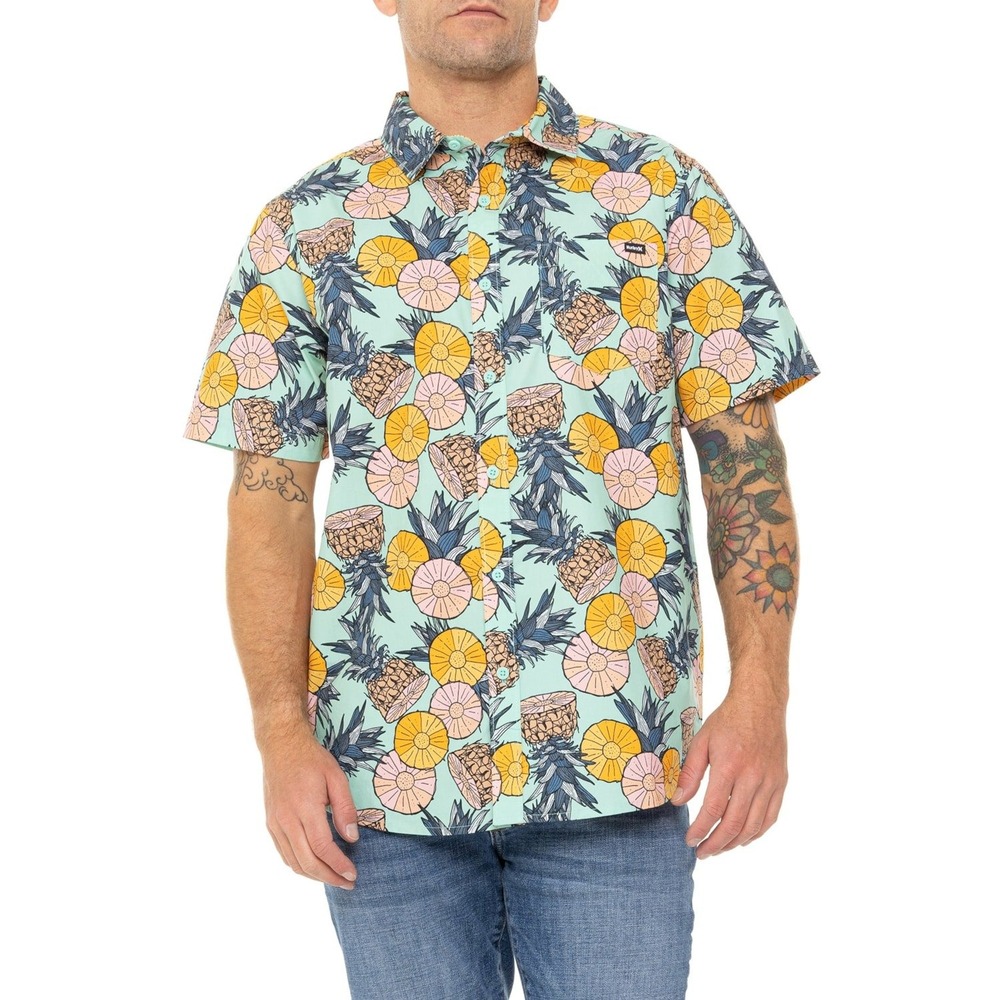 MSRP $40 Hurley Mens XXL Blue Aqua Bahia Pineapple Woven Button Up Shirt Short